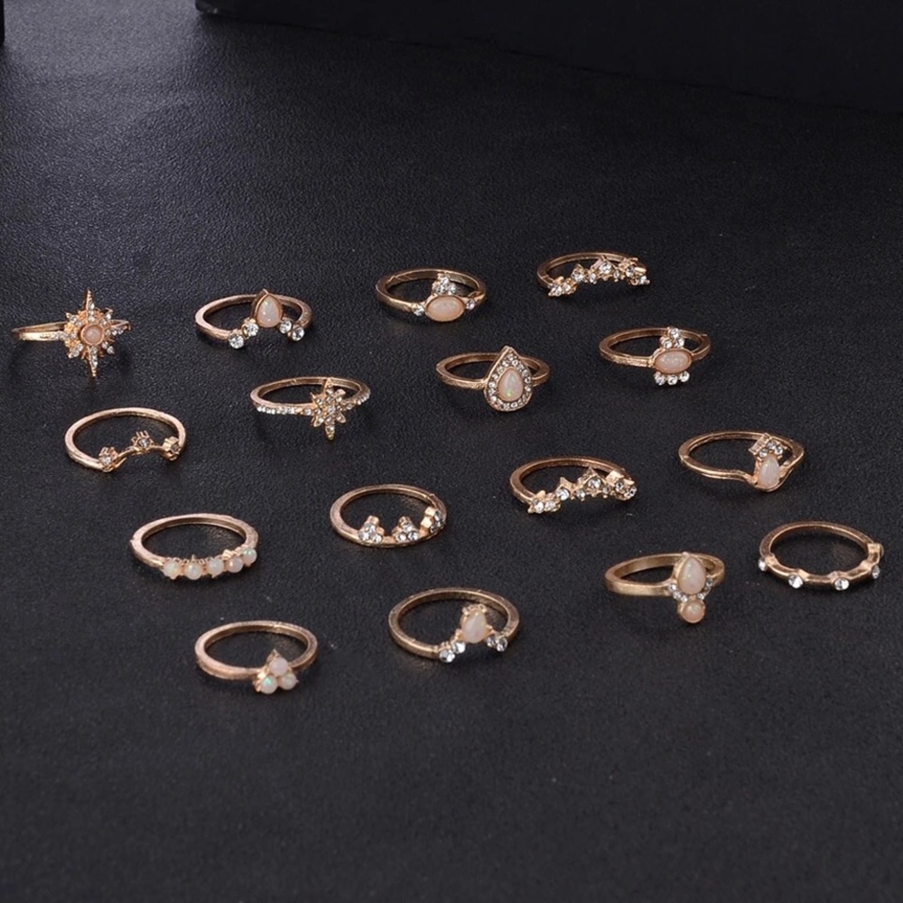 16 Pcs Boho Gypsy Gold, Crystal & Opal Ring Set - Picture 4 of 14